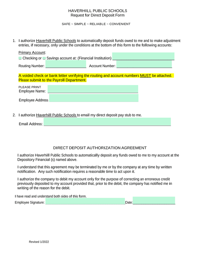 Request For Direct Deposit Form screenshot