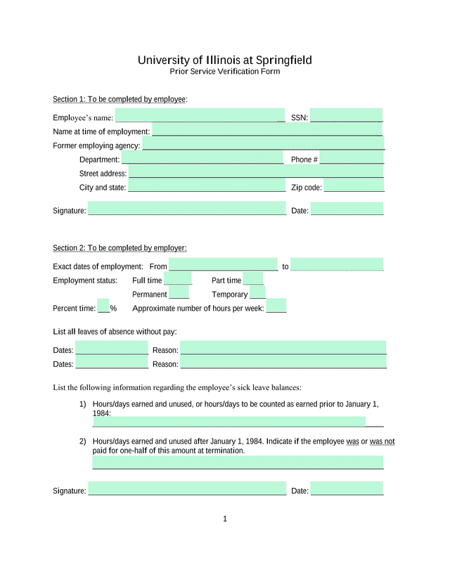 Prior Service Verification Form screenshot