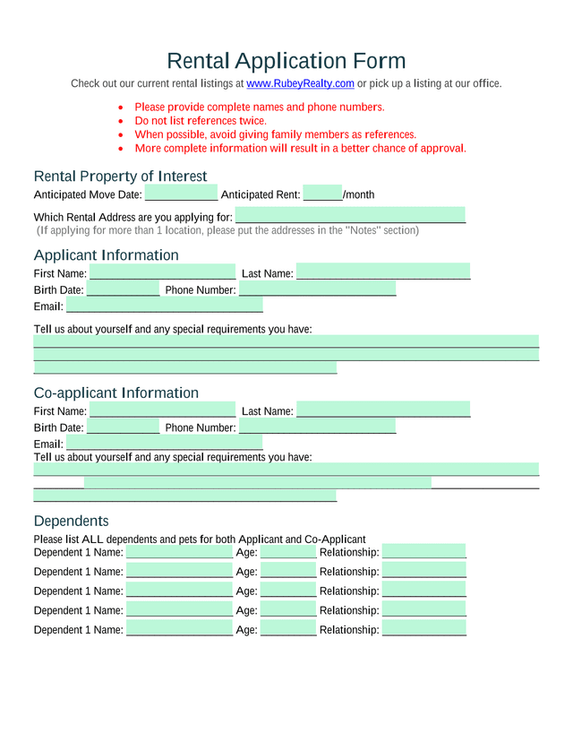 Rental Application Form screenshot