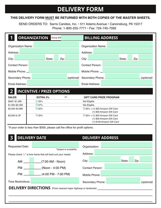 Sarris Candies Delivery Form screenshot