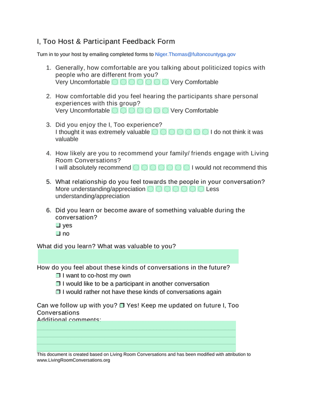 I, Too Host  Participant Feedback Form screenshot