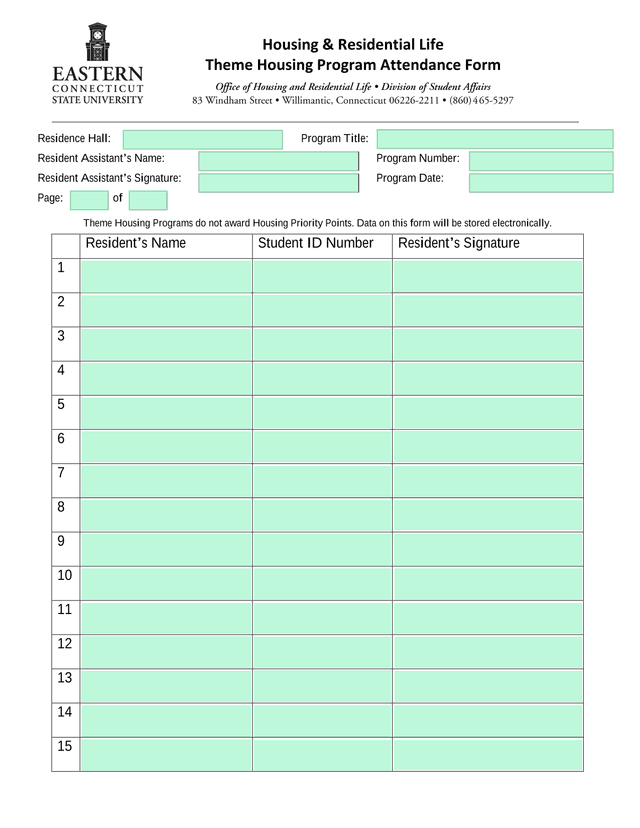 Theme Housing Program Attendance Form screenshot