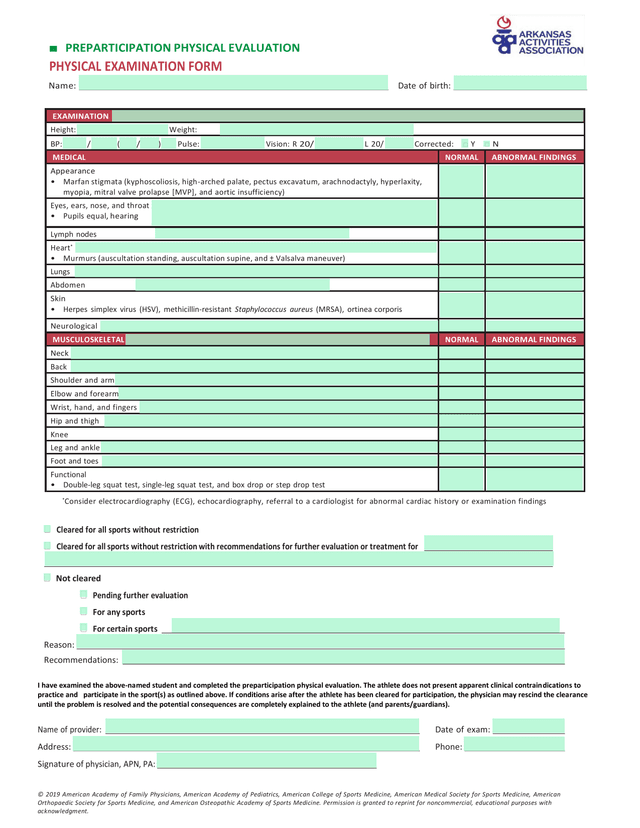 Preparticipation Physical Evaluation Physical Examination Form screenshot