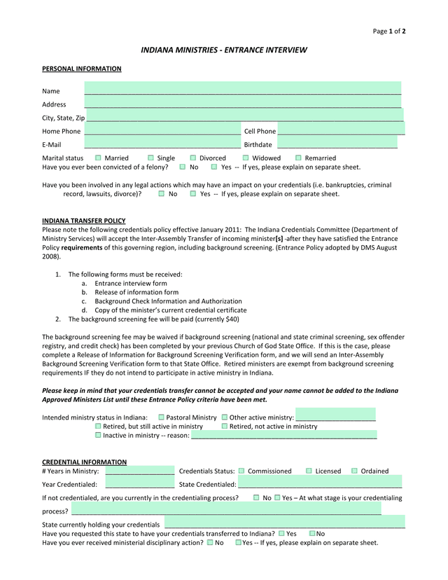 INDIANA MINISTRIES   ENTRANCE INTERVIEW screenshot