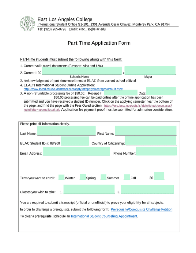 Part Time Application Form screenshot