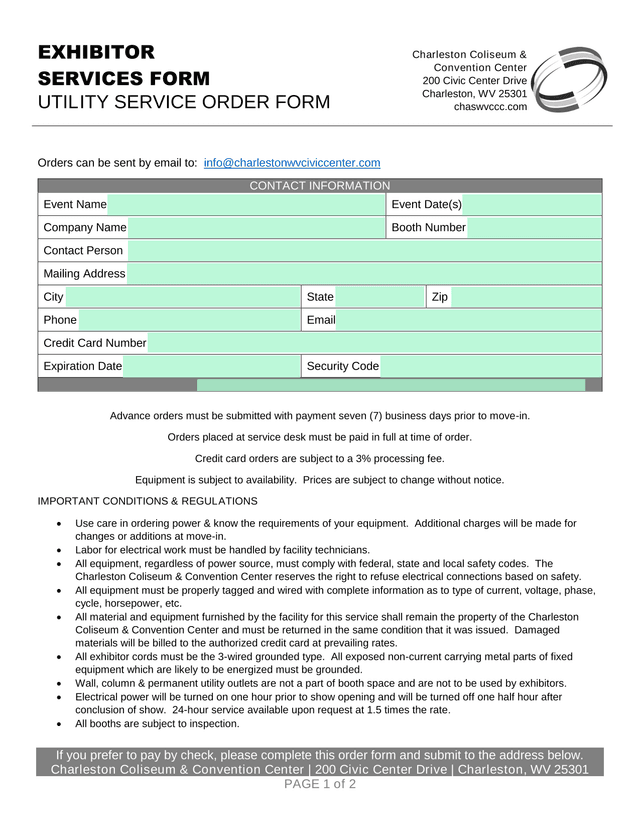 Exhibitor Services Form Utility Service Order Form screenshot