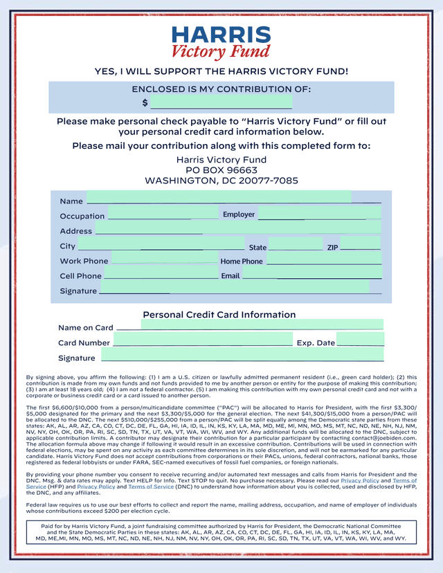 Harris Victory Fund Contribution Form screenshot