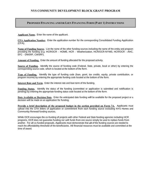 NYS Community Development Block Grant Program   Proposed Financing AndOr Lien Financing Form (Part 1 screenshot