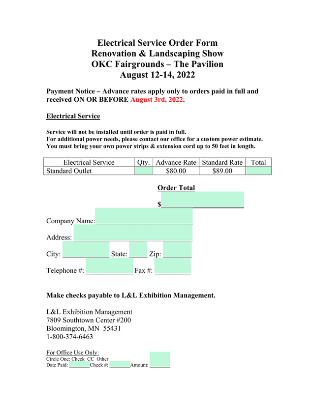 Electrical Service Order Form screenshot