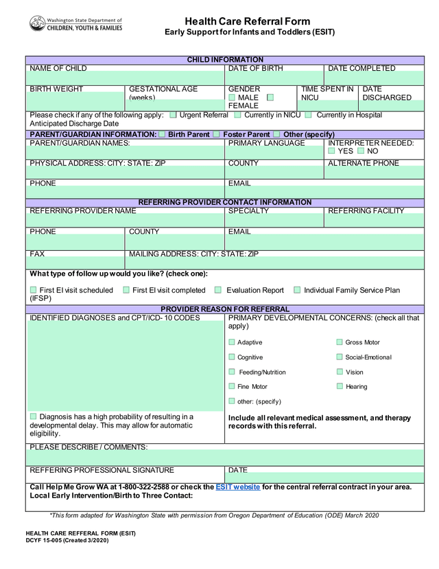 Health Care Referral Form   Early Support For Infants And Toddlers (ESIT) screenshot