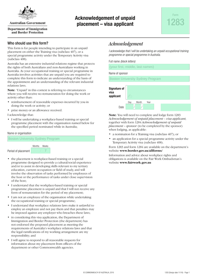 Form 1283   Acknowledgement Of Unpaid Placement   Visa Applicant screenshot