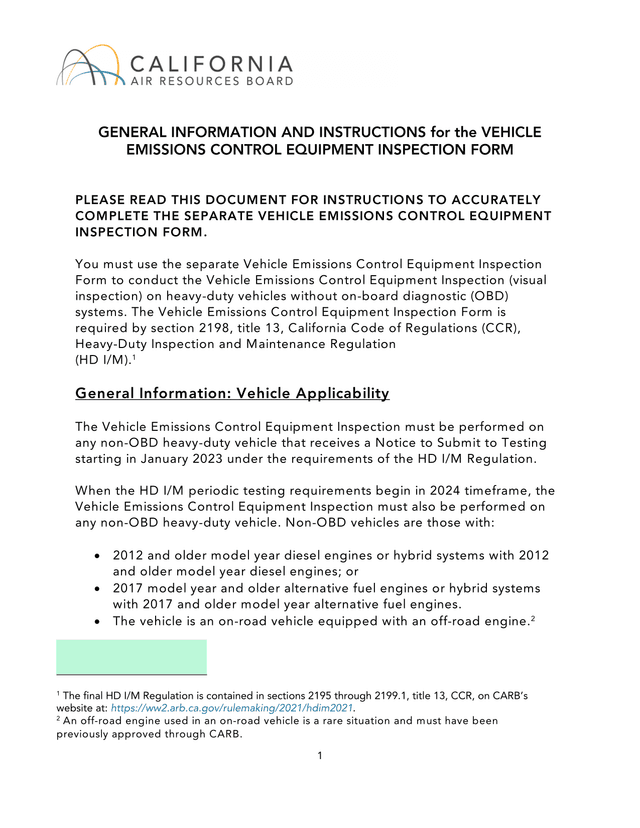 Vehicle Emissions Control Equipment Inspection Form Instructions screenshot