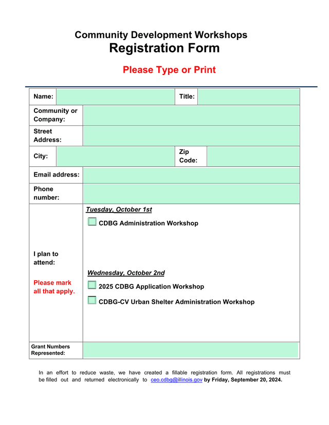 Community Development Workshops Registration Form screenshot