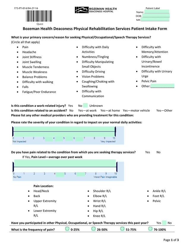 Bozeman Health Deaconess Physical Rehabilitation Services Patient Intake Form screenshot