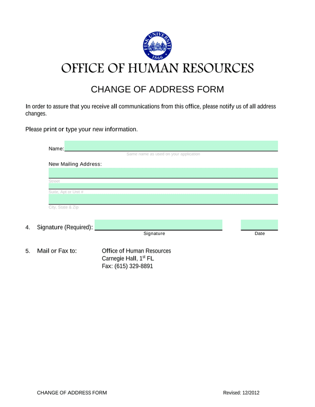 CHANGE OF ADDRESS FORM screenshot