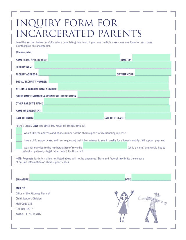 Inquiry Form For Incarcerated Parents screenshot