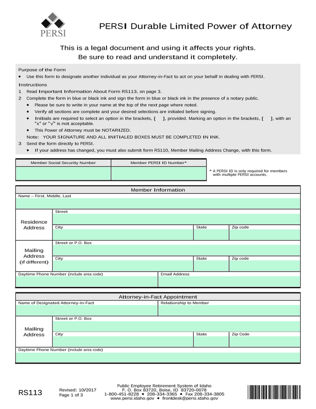 PERSI Durable Limited Power Of Attorney screenshot