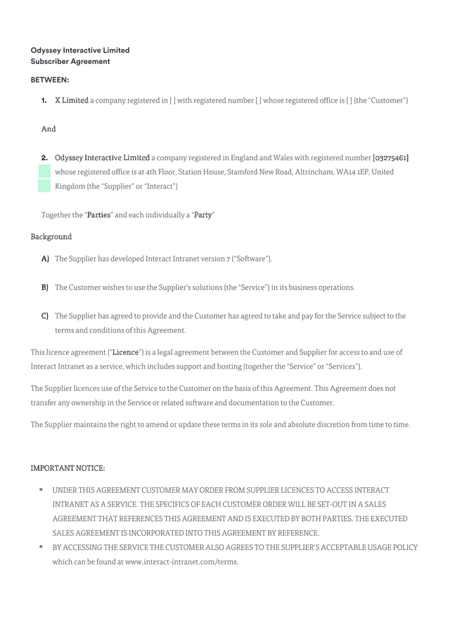 Subscriber Agreement screenshot