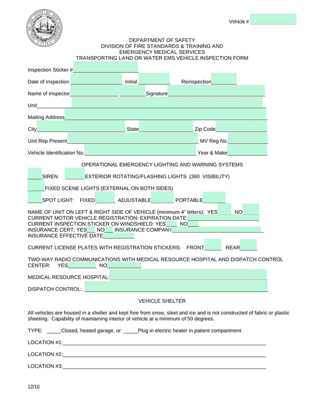 Transporting Land Or Water EMS Vehicle Inspection Form screenshot