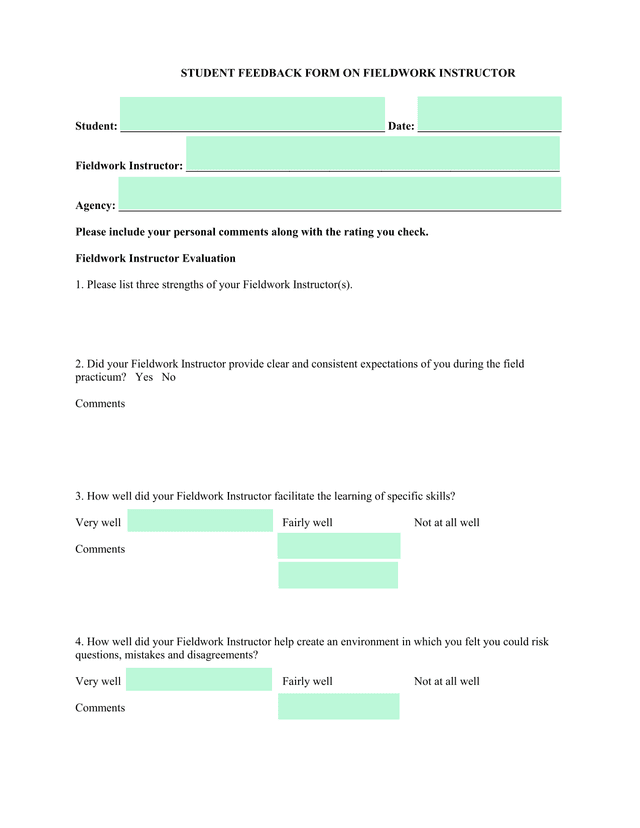 STUDENT FEEDBACK FORM ON FIELDWORK INSTRUCTOR screenshot