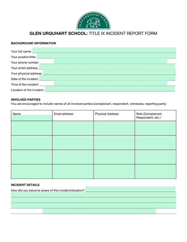 Glen Urquhart School Title IX Incident Report Form screenshot
