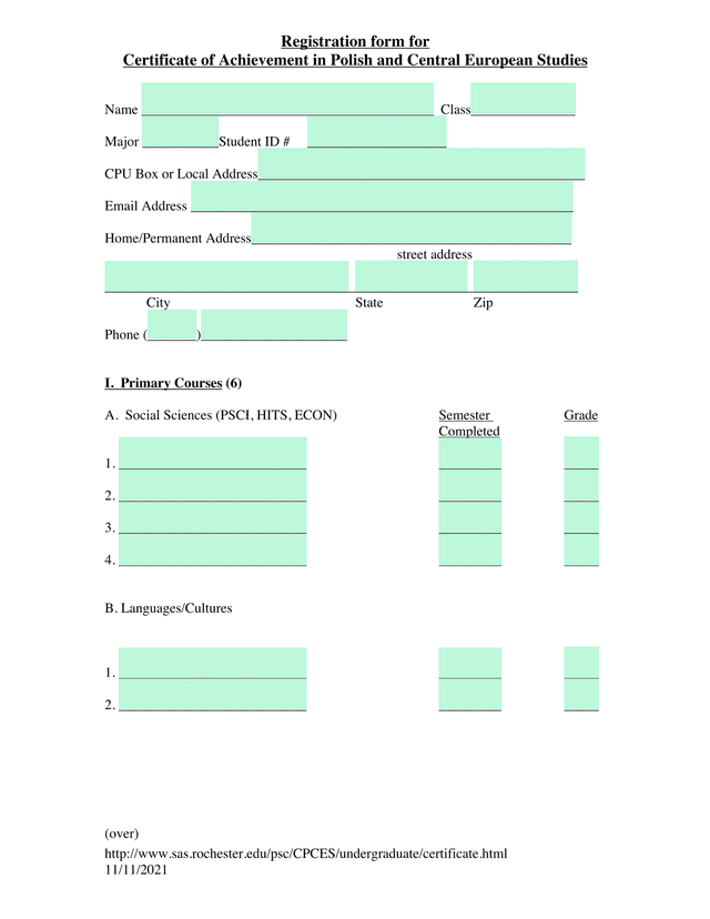 Registration Form For Certificate Of Achievement In Polish And Central European Studies screenshot