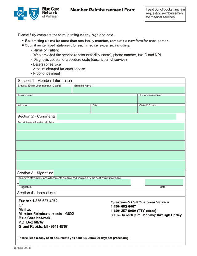Member Reimbursement Form screenshot