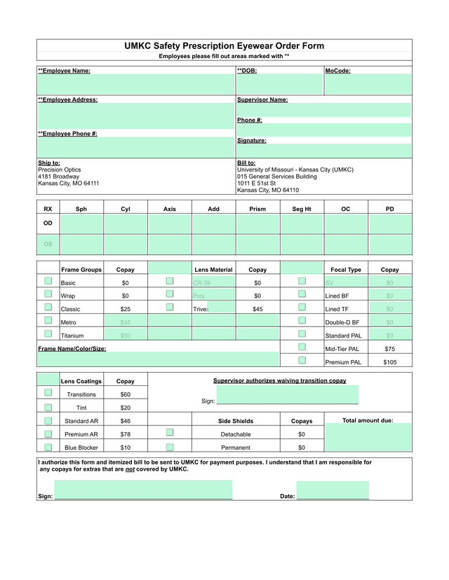 UMKC Safety Prescription Eyewear Order Form screenshot