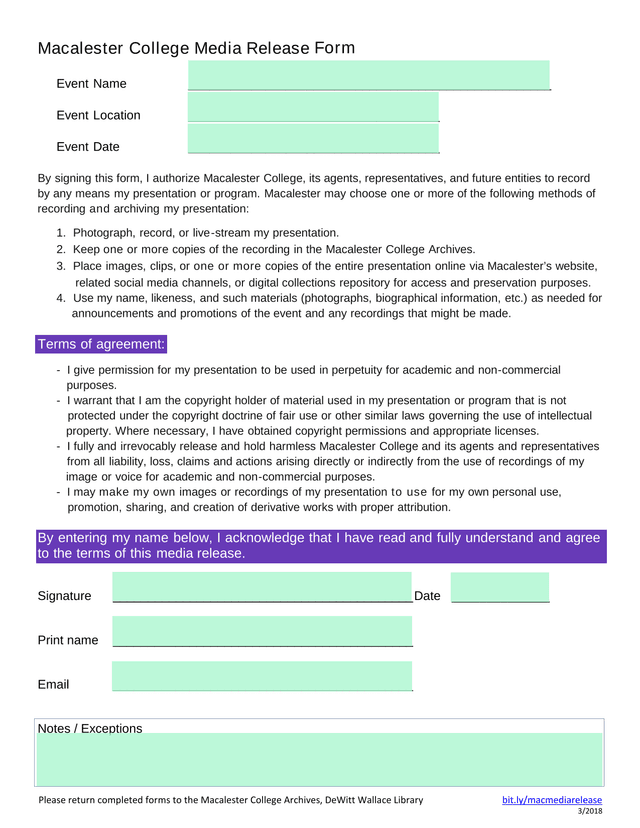 Macalester College Media Release Form screenshot