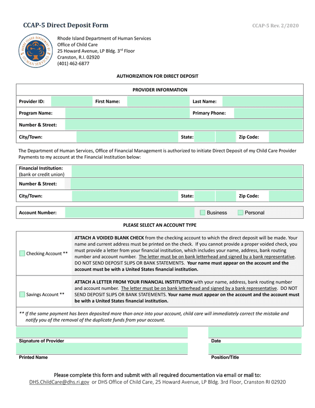 CCAP 5 Direct Deposit Form screenshot