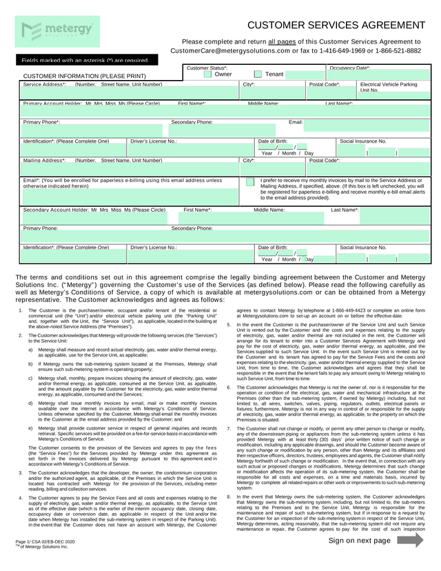 Customer Services Agreement screenshot