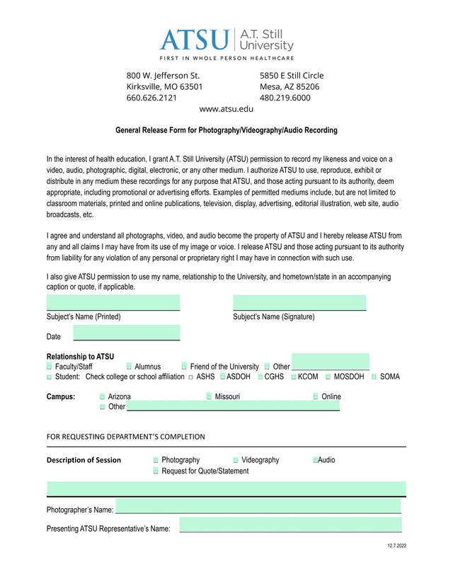 General Release Form For PhotographyVideographyAudio Recording screenshot