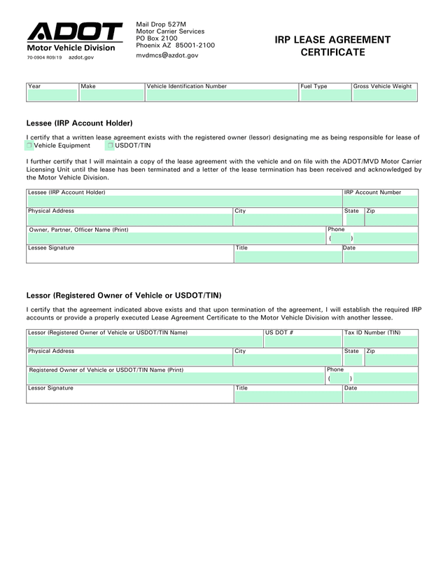 IRP Lease Agreement Certificate screenshot