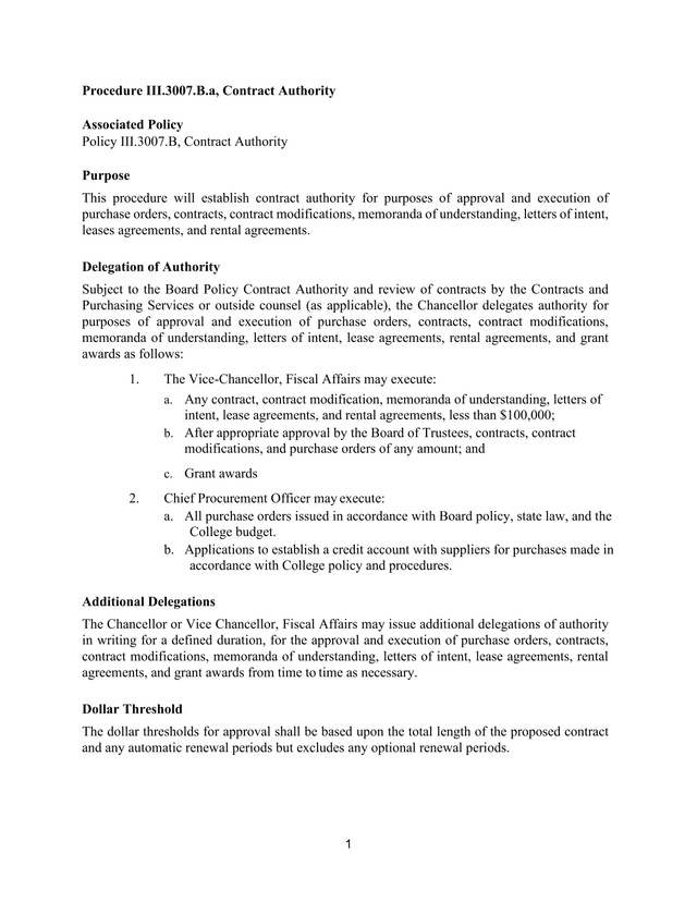 Procedure III.3007.B.A, Contract Authority screenshot