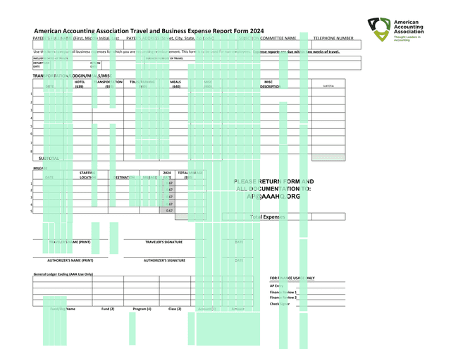 American Accounting Association Travel And Business Expense Report Form 2024 screenshot