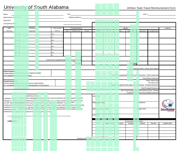University Of South Alabama Athletic Team Travel Reimbursement Form screenshot