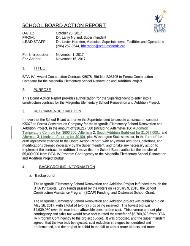 BTA IV Award Construction Contract K5078, Bid No, B08705 To Forma Construction Company For The Magno screenshot