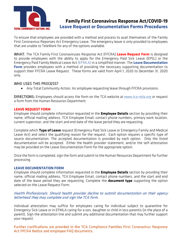 Family First Coronavirus Response ActCOVID 19 Leave Request Or Documentation Forms Procedures screenshot