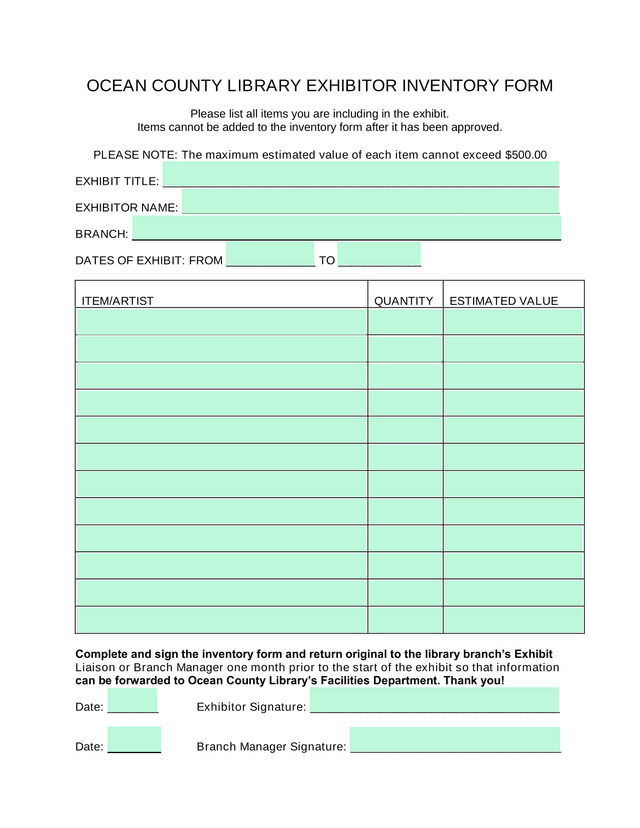 OCEAN COUNTY LIBRARY EXHIBITOR INVENTORY FORM screenshot