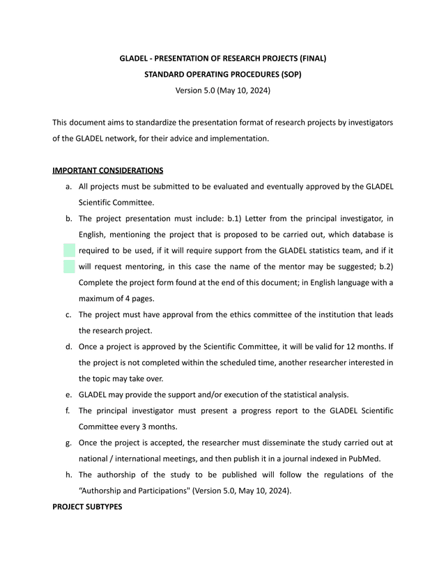 GLADEL   PRESENTATION OF RESEARCH PROJECTS (FINAL) STANDARD OPERATING PROCEDURES (SOP) screenshot