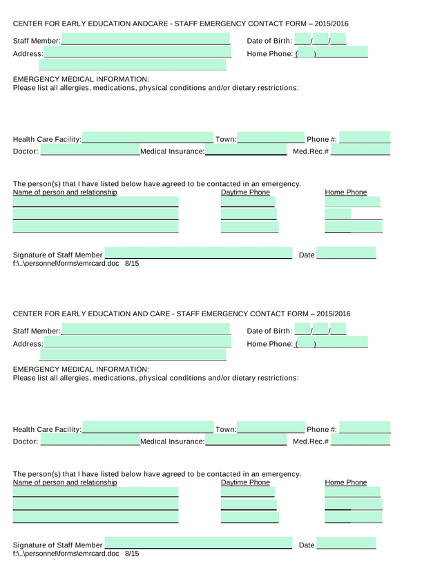 CENTER FOR EARLY EDUCATION AND CARE   STAFF EMERGENCY CONTACT FORM screenshot