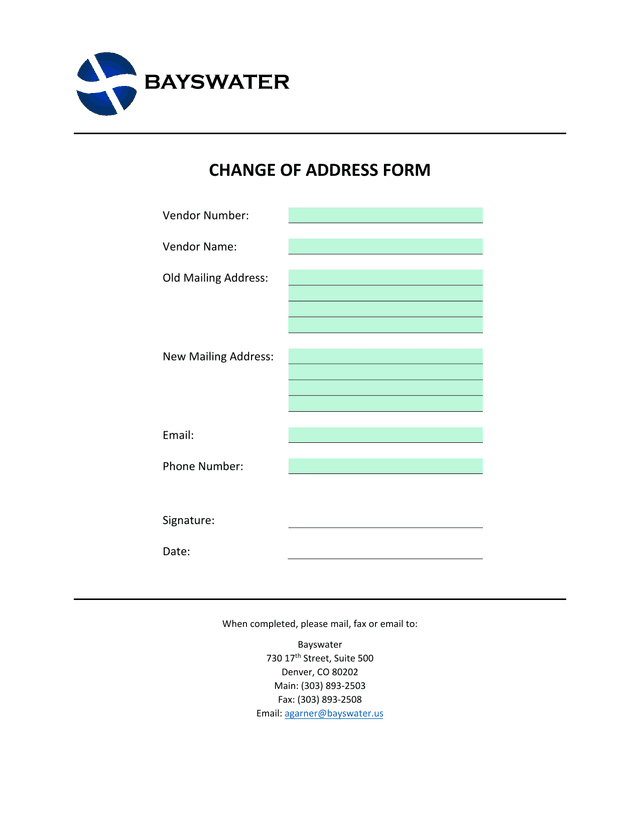 Bayswater Change Of Address Form screenshot
