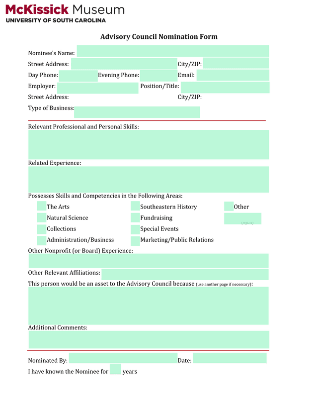 Advisory Council Nomination Form screenshot