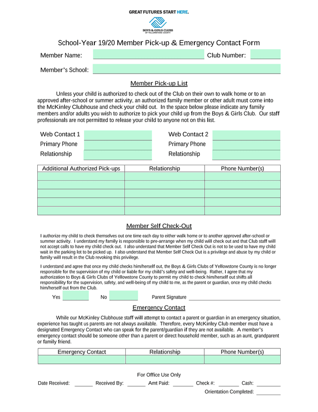 School Year 1920 Member Pick Up  Emergency Contact Form screenshot
