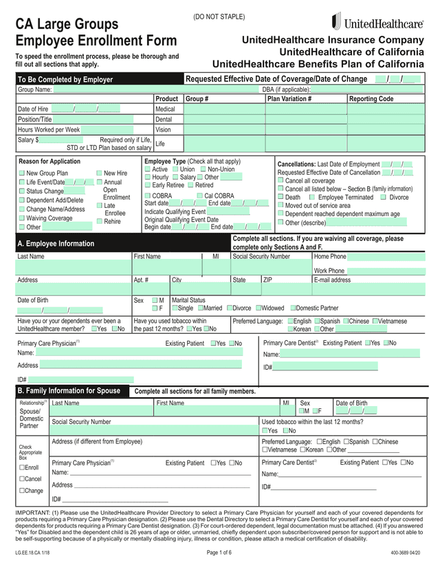 CA Large Groups Employee Enrollment Form screenshot