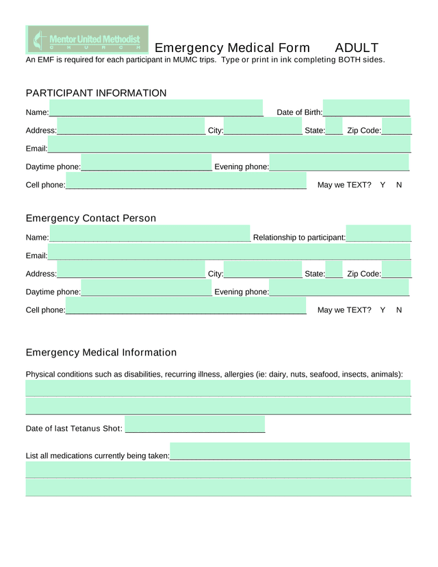 Emergency Medical Form ADULT screenshot