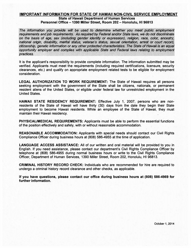 State Of Hawaii Non Civil Service Employment Information screenshot