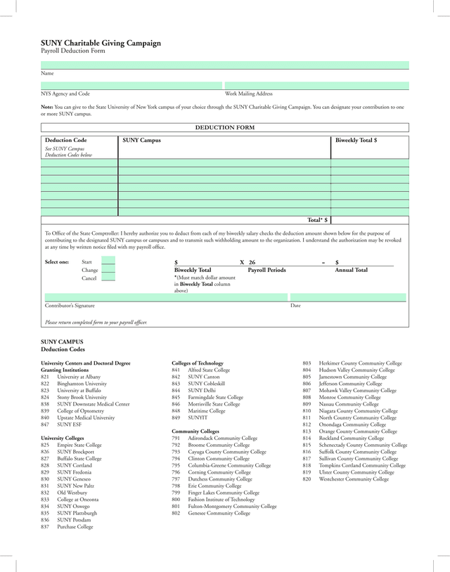 SUNY Charitable Giving Campaign Deduction Form screenshot