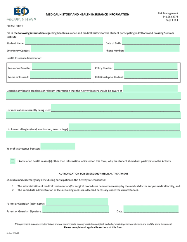 Cottonwood Crossing Summer Institute Health Insurance And Medical History Form screenshot
