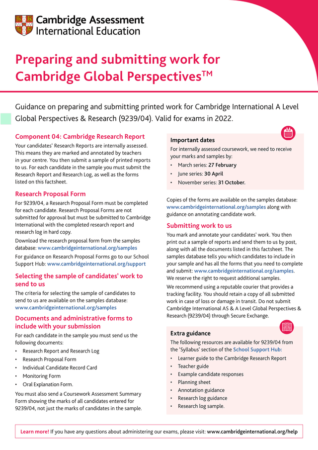 Cambridge Global Perspectives Research Report Submission Guidance screenshot